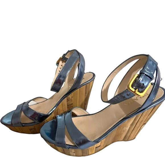 Prada Blue Metallic Leather Platform Wedge Sandal Size 7 or 37 EU - Picture 8 of 17